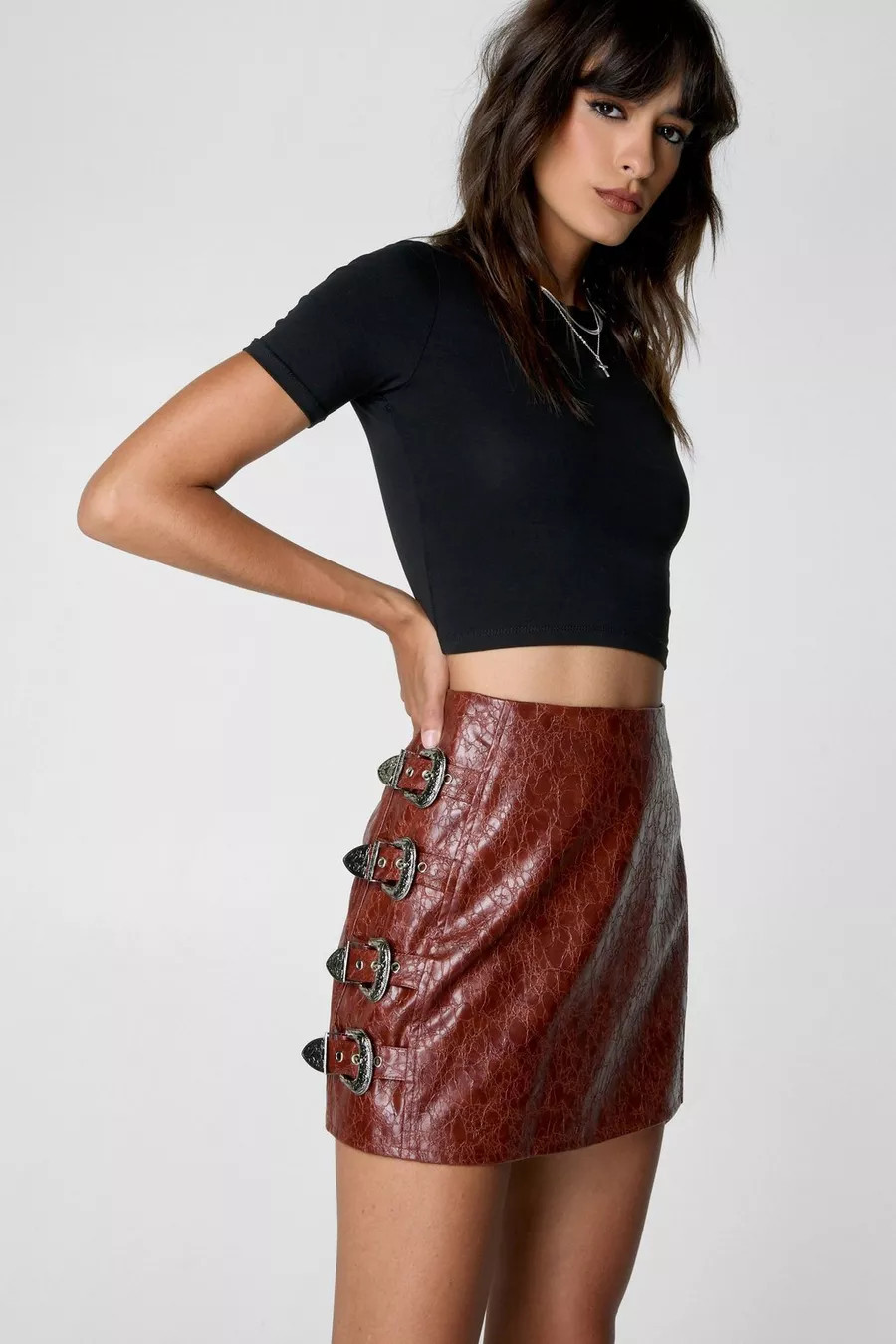Distressed Faux Leather Buckle Detail Skirt | Nasty Gal US