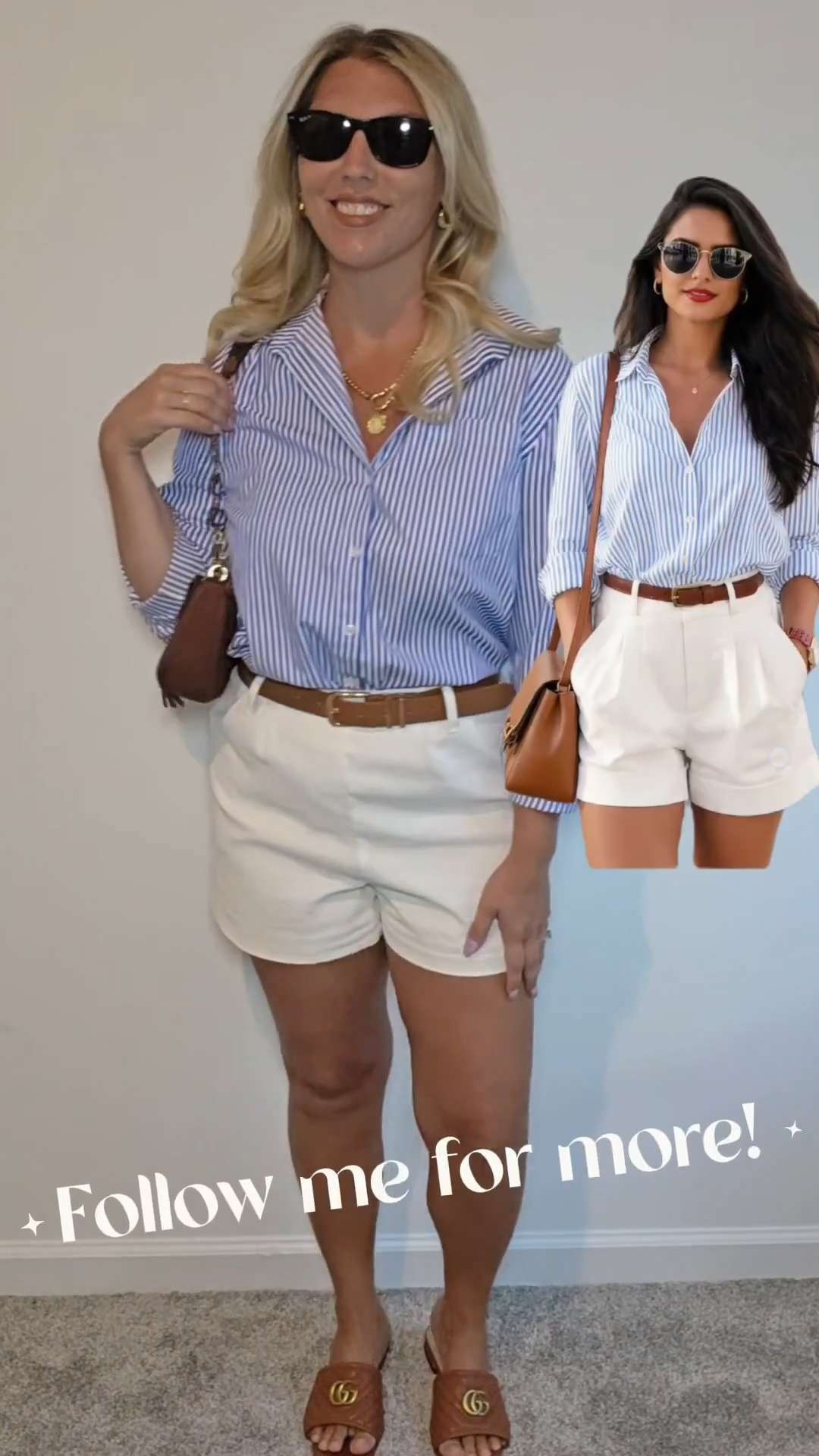 Pinterest said blue stripe, white shorts and cognac accessories. I said challenge accepted. 🤍This is look 2 in my Pinterest inspired outfit series and it might be the most wearable formula I've tried yet. Blue stripe shirt, white tailored shorts, cognac belt, cognac bag, oversized sunnies. Done.Everything is linked — including similar options at different price points. 🤍 

 #LTKootd #LTKOver40 #LTKTravel