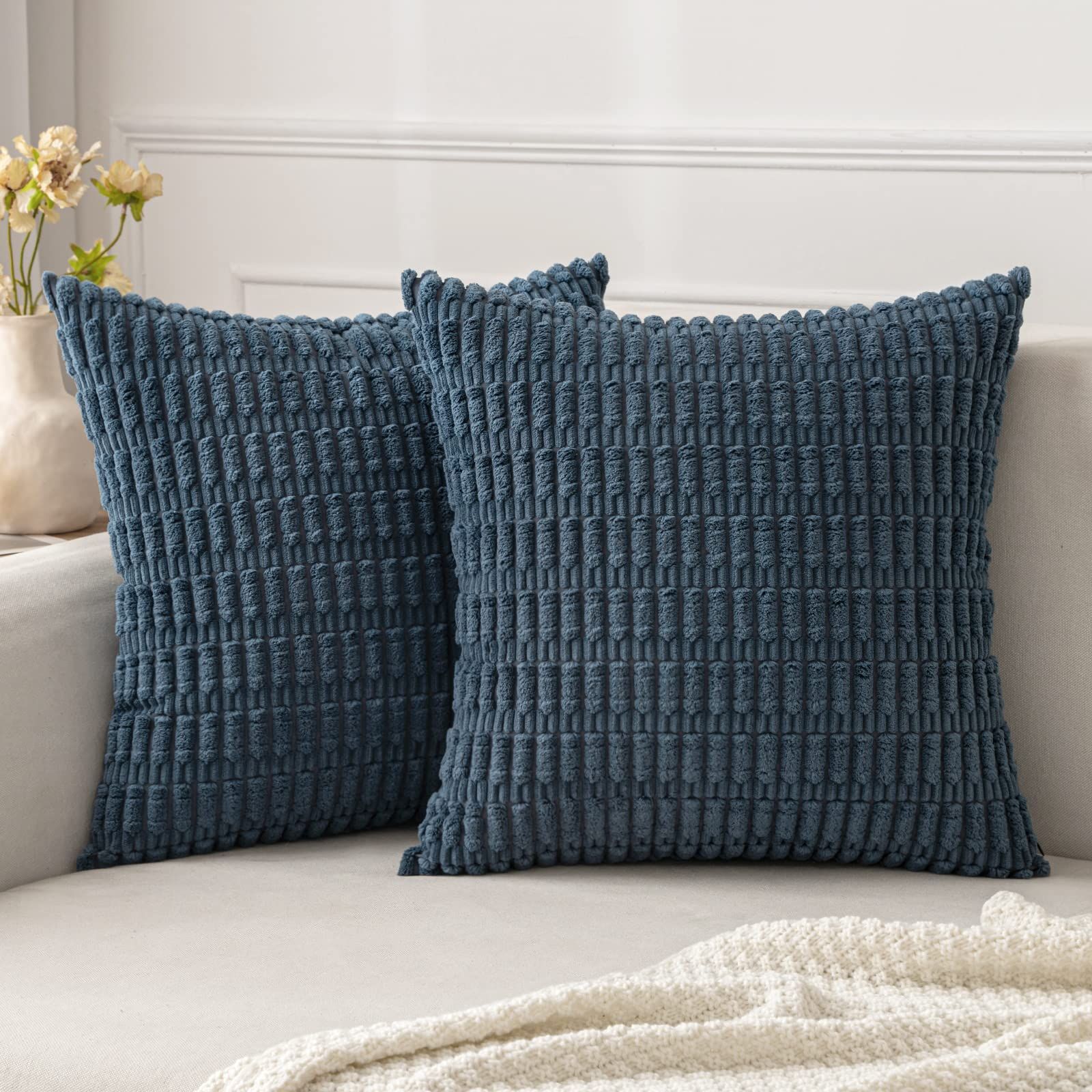MIULEE Pack of 2 Corduroy Decorative Throw Pillow Covers 18x18 Inch Soft Boho Striped Pillow Covers Modern Farmhouse Home Decor for Sofa Living Room Couch Bed Blue | Amazon (US)