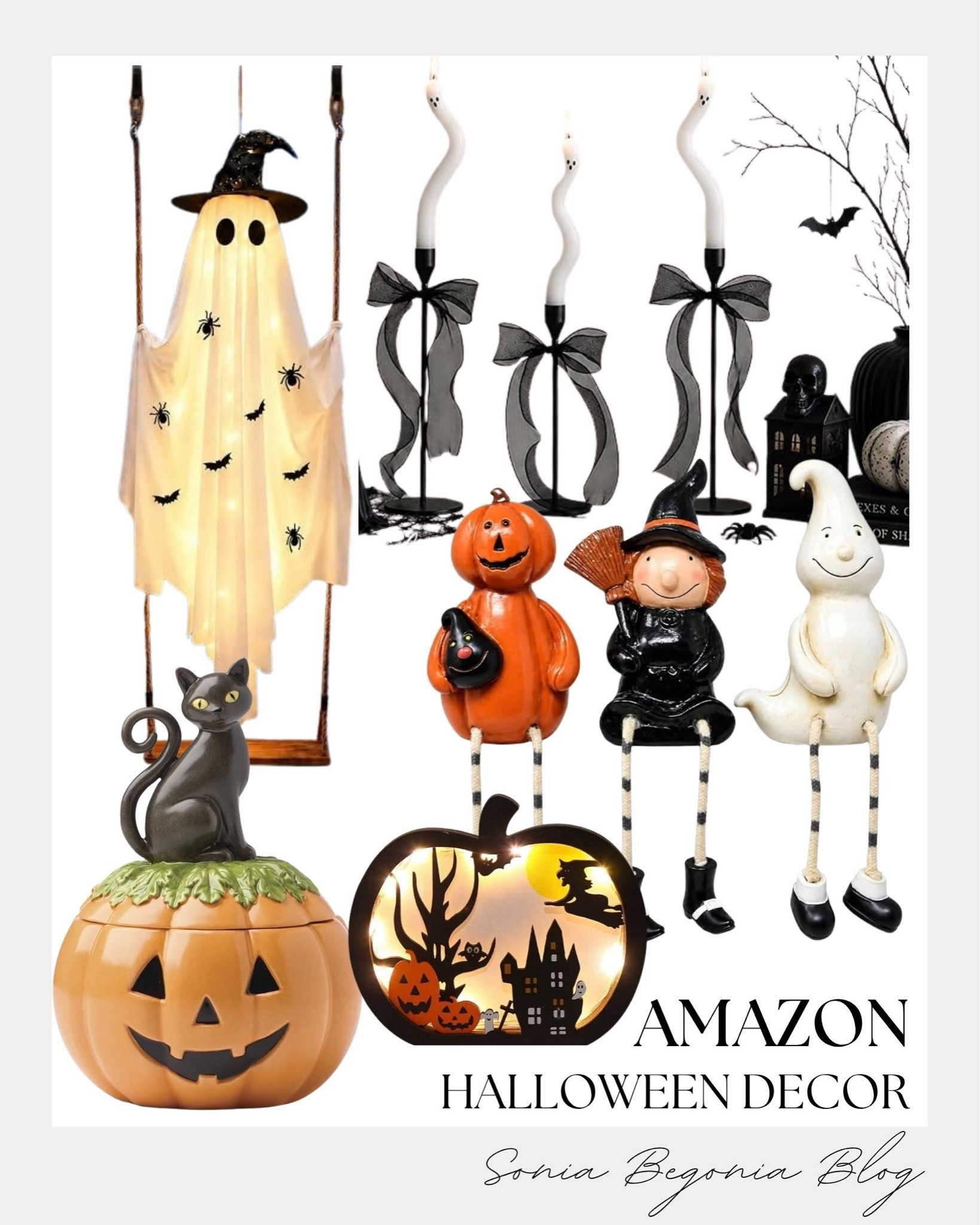 Spooky season decor finds! 🎃

I selected festive Halloween accents featuring a hanging ghost on a swing, whimsical shelf sitters, and squiggly taper candles tied with black bows.

I added a ceramic jack-o'-lantern jar with a black cat lid and an illuminated Halloween silhouette frame. ✨

#AmazonHome #HalloweenDecor #SpookySeason #LTKhome #FallDecor #HalloweenInspo #HomeStyling #CozyHome

#LTKSeasonal #LTKHome