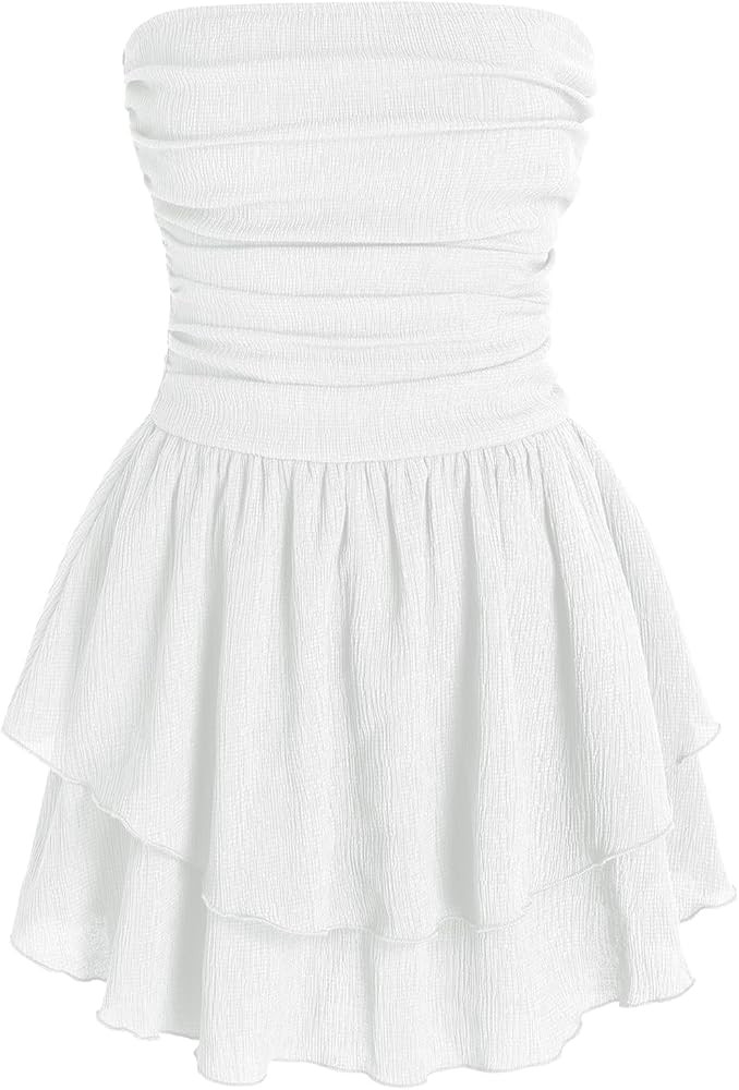 Balimtoy Women's Summer Mini Dress Sleeveless Strapless Ruched Ruffle Flowy Short Beach Party Tub... | Amazon (US)