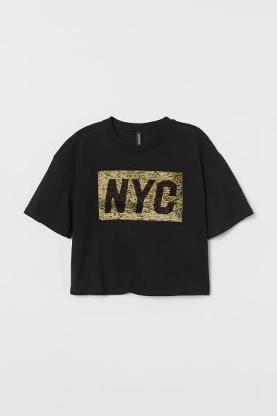 Short T-shirt - Black/reversible sequins -  | H&M US | H&M (US)