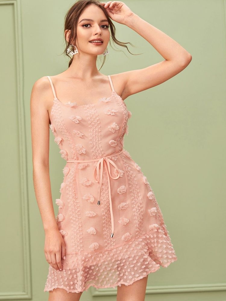 Ruffle Hem Swiss Dot Belted Cami Dress | SHEIN
