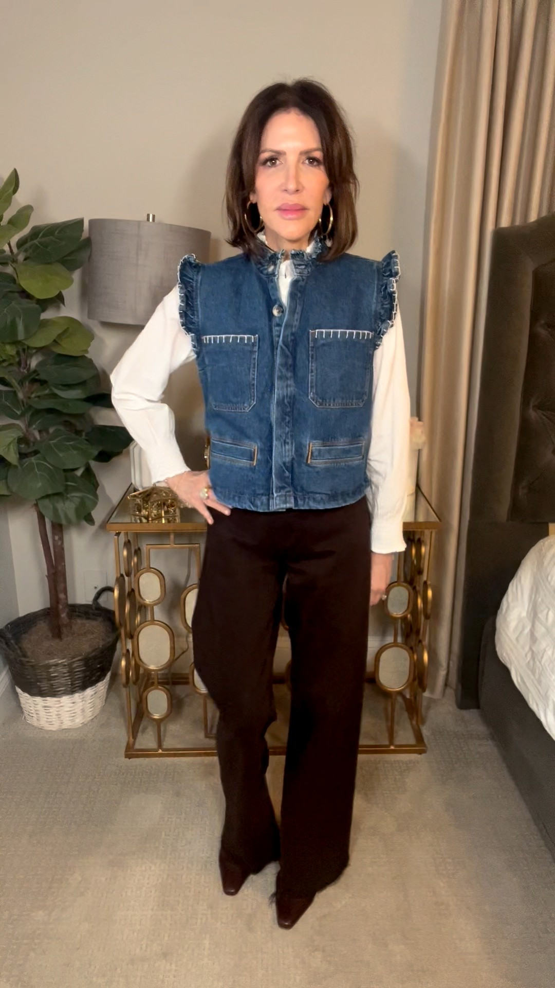 white blouse, denim vest, brown wide leg pants, over 50 outfits 

#LTKootd #LTKSeasonal #LTKOver40