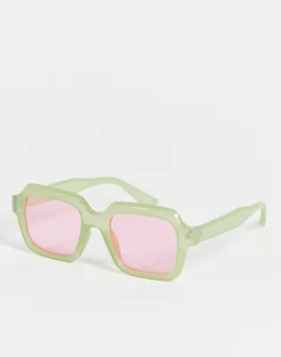 ASOS DESIGN recycled bevelled angular square sunglasses in milky green | ASOS (Global)