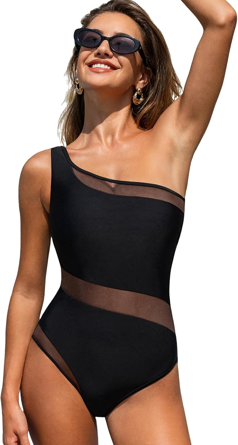 CUPSHE Women's One Piece Swimsuit One Shoulder Asymmetrical Neck Open Panel Bathing Suit Mesh Panel | Amazon (US)
