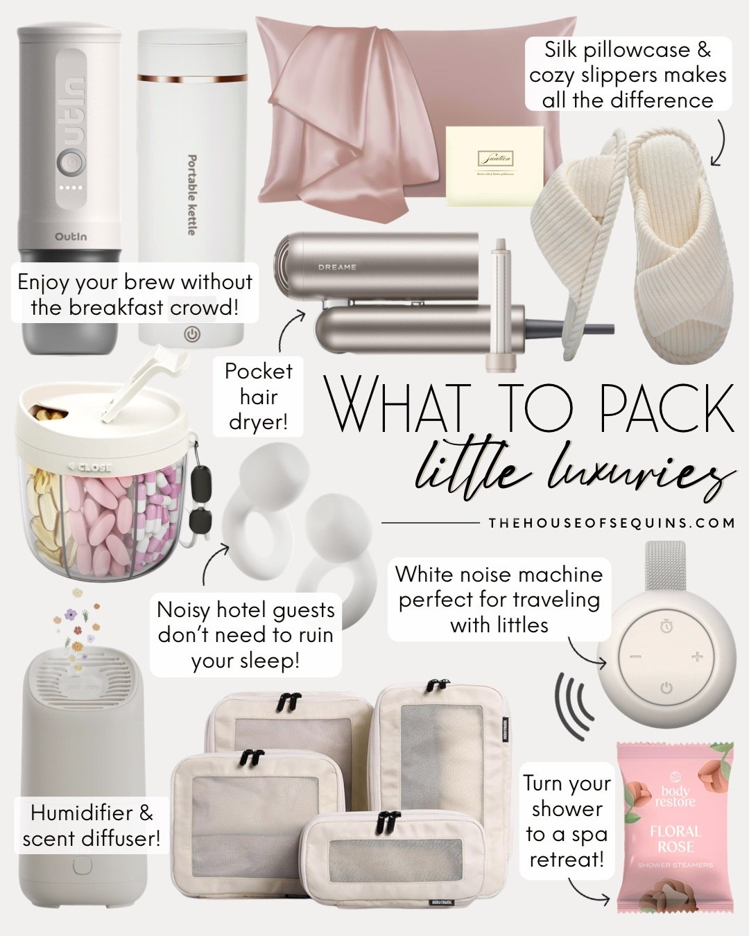 Shop little luxury Amazon travel essentials! Beauty essentials, packing cubes, toiletry bag, portable espresso maker, portable water kettle, humidifier, scent diffuser, hotel slippers, silk pillowcase, travel gifts for her, noise canceling earplugs, white noise machine, pocket hair dryer and more! 

#LTKTravel #LTKFindsUnder50 #LTKFindsUnder100