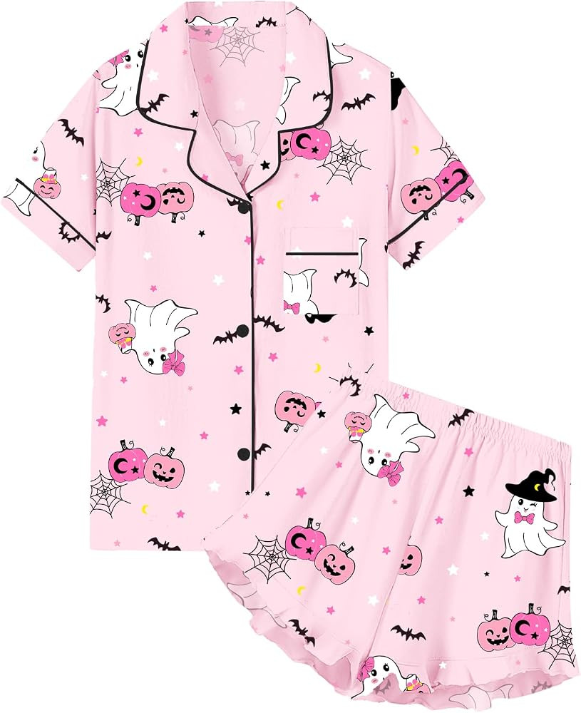 QZH.DUAO Girls & Women Pajama Sets Cotton Sleepwear Button Down Short Sleeve With Ruffle Shorts P... | Amazon (US)