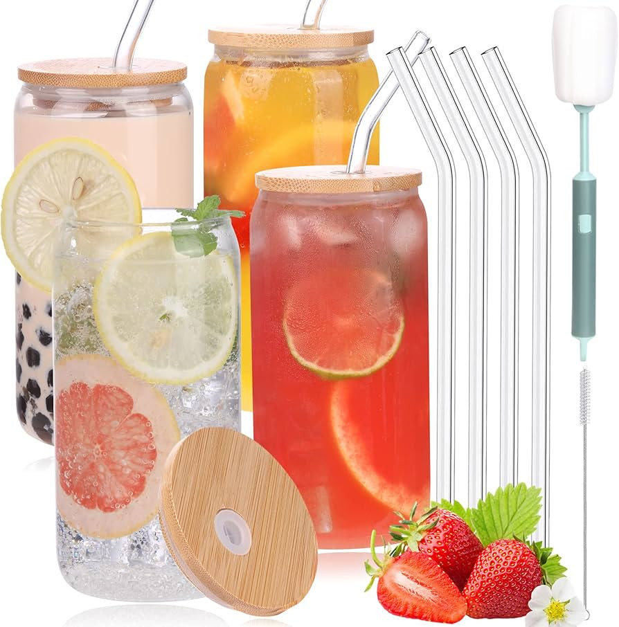 Glass Cups with Bamboo Lids and Straws 4pcs Set,16oz Wide Mouth Drinking Mason Glass Tumbler,Reus... | Amazon (US)