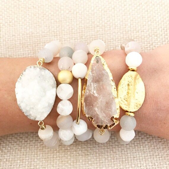 Beaded Bracelet Stack - winter white matte agate - Choose individually or purchase entire stack as p | Etsy (US)