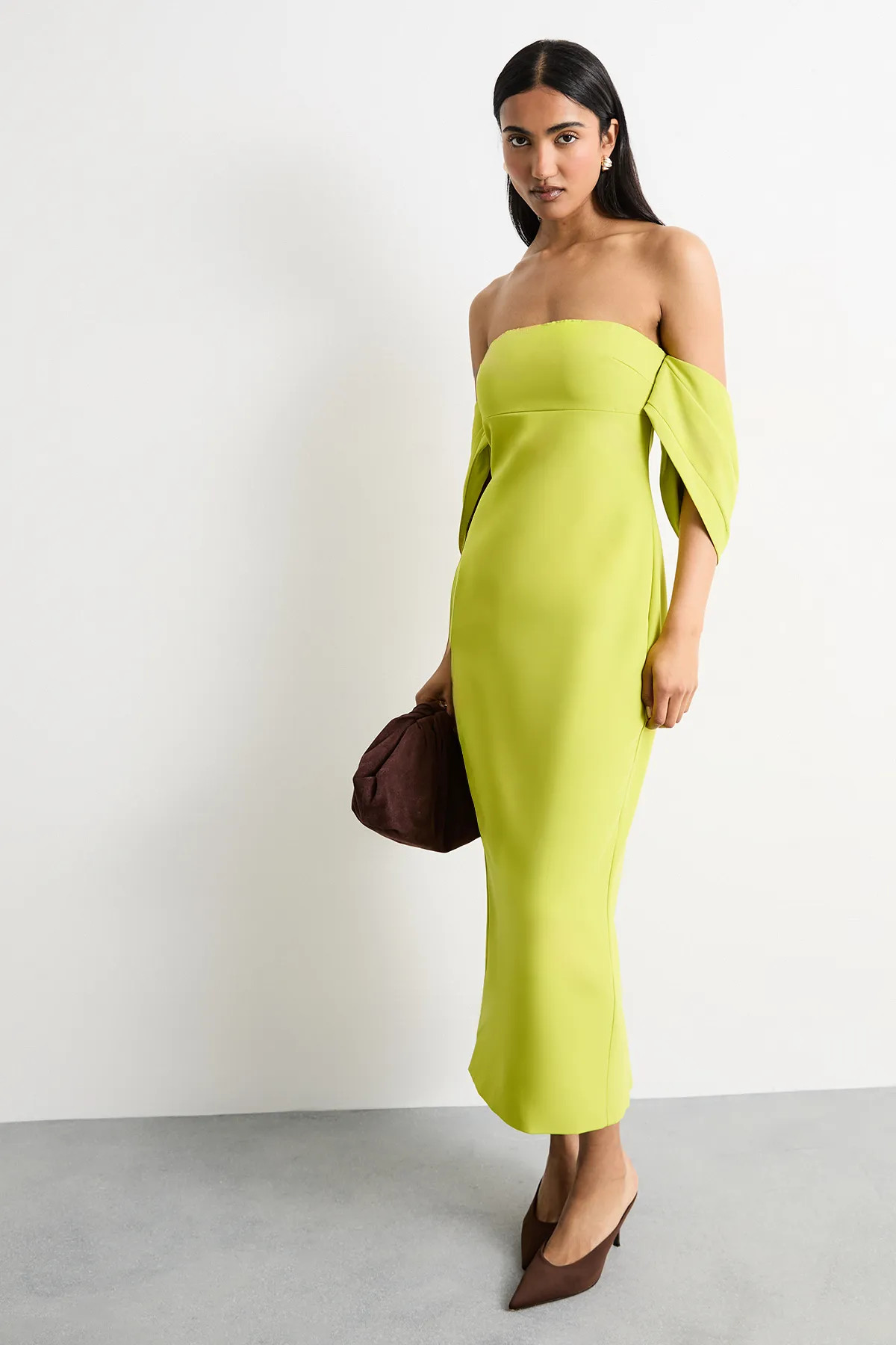 Dresses | Stretch Crepe Bardot Column Midi Dress | Warehouse | Boohoo.com (UK & IE)