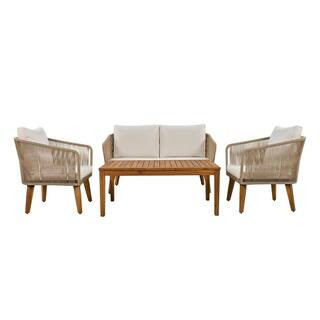 Natural 4-Piece Metal Outdoor Patio Conversation Set with Beige Cushions 1 Loveseat 2 Chairs and Table | The Home Depot