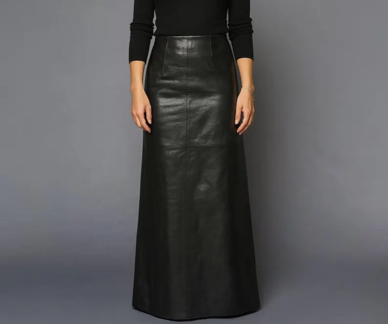 Handmade Black Sheepskin Leather Maxi Skirt - High Waist A-line - Etsy | Etsy (US)