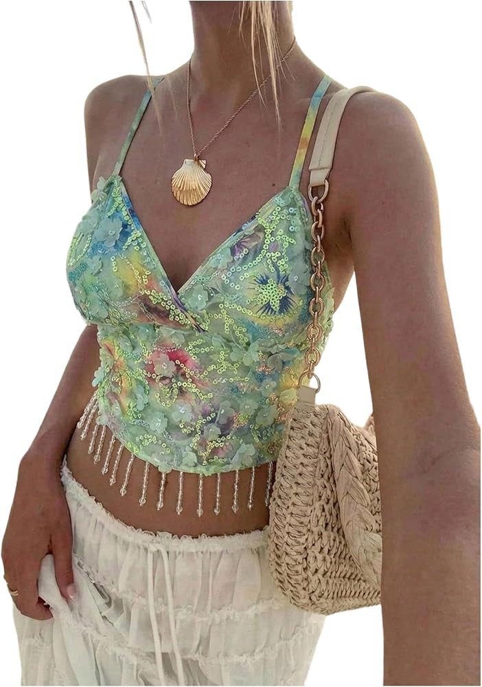 MakeMeChic Women's Sequin Sparkly Halter Crop Tops Fringe Open Back Split Summer Party Top | Amazon (US)