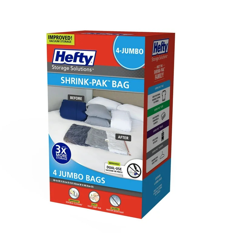 Hefty Shrink-Pak 4 Jumbo Vacuum Compression Storage Bags, Closet Organizer - Walmart.com | Walmart (US)