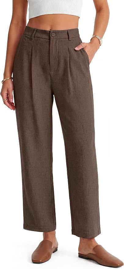 Arach&Cloz Women's Linen Blend Ankle Pants Fall Business Casual Trousers | Amazon (US)