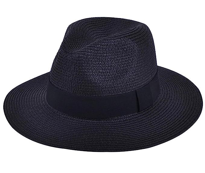 Lanzom Women Wide Brim Straw Panama Roll up Hat Fedora Beach Sun Hat UPF50+ | Amazon (US)