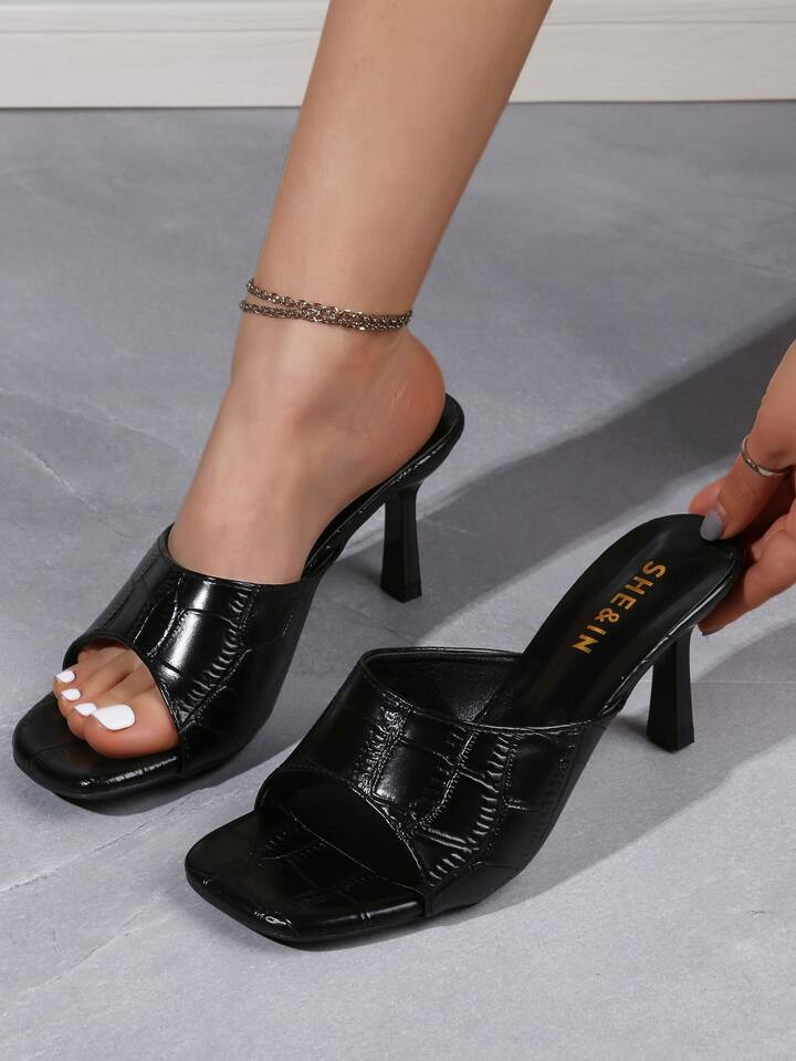 Women's Fashionable And Comfortable Black Crocodile Patterned, Peep-toe, High-heeled Sandals With... | SHEIN