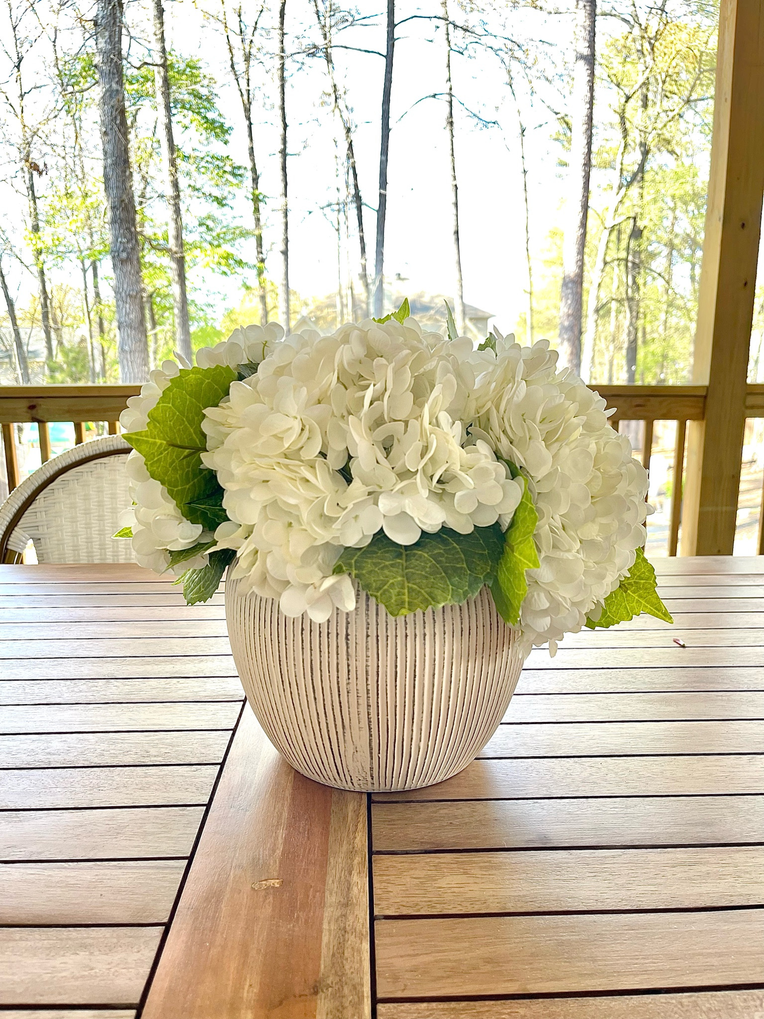Textured  vase and my faux hydrangea stems. This is 2 sets of stems (3 per set). I have the 7” vase and the hydrangeas in white, light green and light blue. 

#LTKSeasonal #LTKhome #LTKfindsunder50