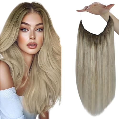 Sunny Wire Hair Extensions Real Human Hair Fish Line Human Hair Extensions Invisible Wire Extensions Ash Blonde to White Blonde #Sun 12 Inch | Amazon (US)