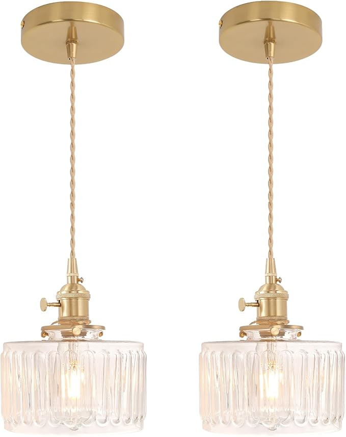 Pendant Light 2 Pack with Clear Striped Glass Lmapshade, Brass Vintage Pendant Light Adjustable H... | Amazon (US)