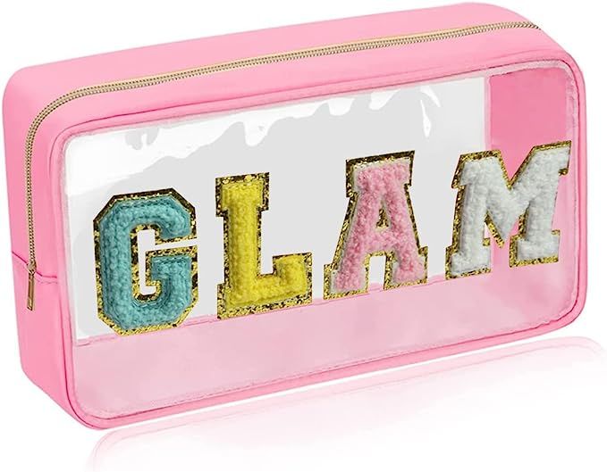 FERCLA Clear Zippe Makeup Bags Glam Pouch with Chenille Letter Patches, Preppy Travel Toiletry ba... | Amazon (US)