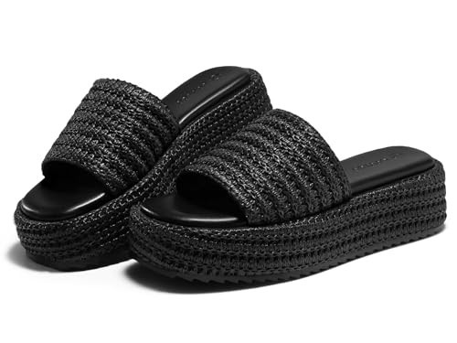 Coutgo Womens Platform Sandals Raffia Espadrilles Slip on Open Toe Cute Boho Summer Beach Slide Sandals, Black Raffia, Size 9.5 | Amazon (US)