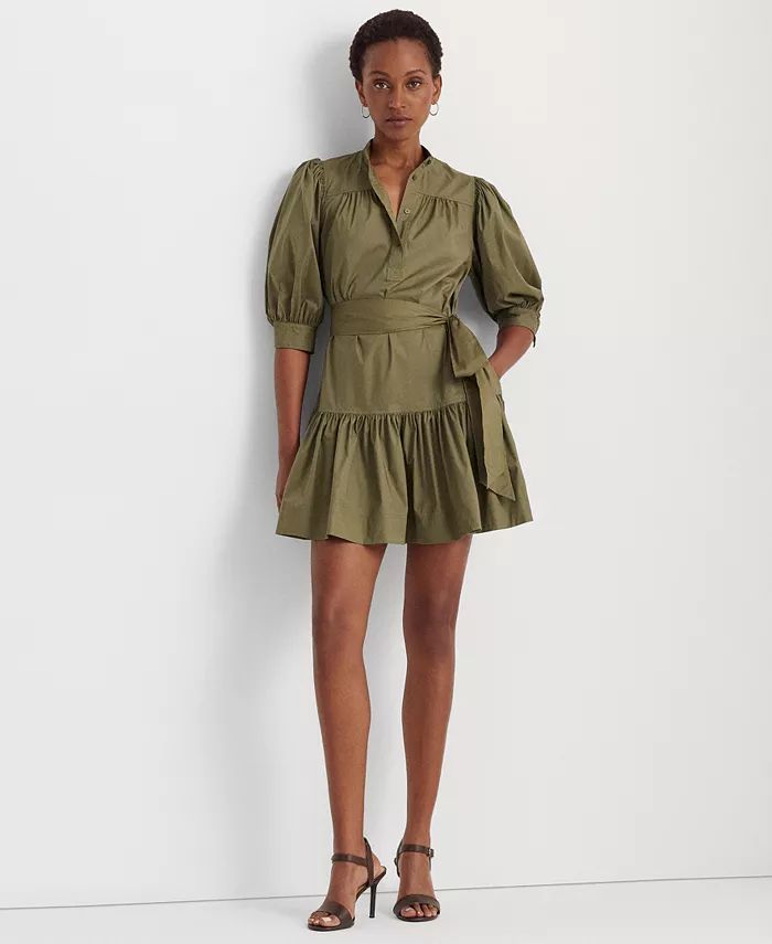 Lauren Ralph Lauren Women's Belted Cotton-Blend Puff-Sleeve Dress - Macy's | Macys (US)