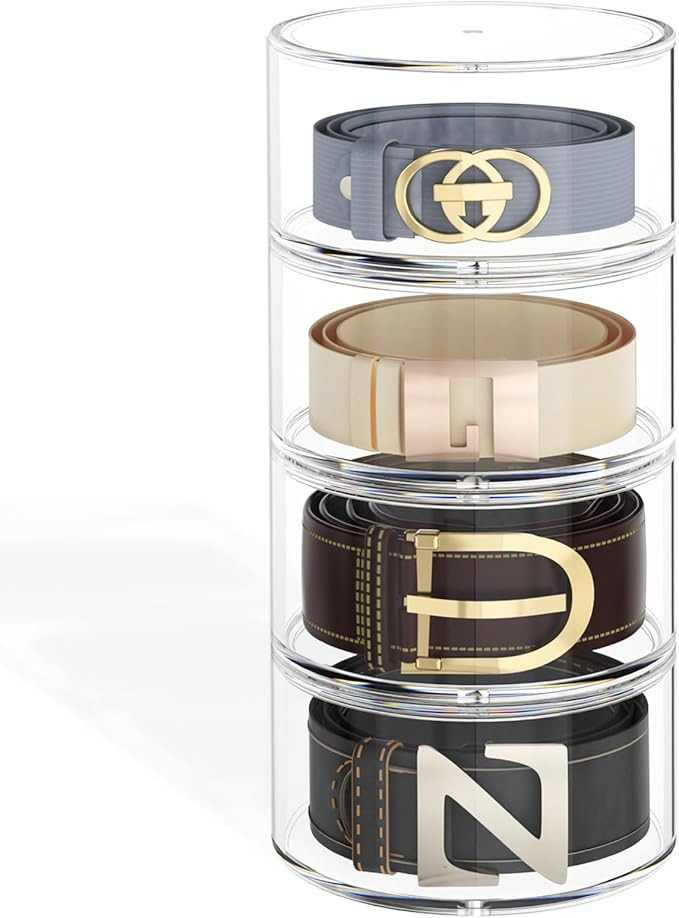 Belt Organizer for Closet Storage: Clear Acrylic 4-Layer Stackable Belt Box, Space-Saving Belt Ca... | Amazon (US)