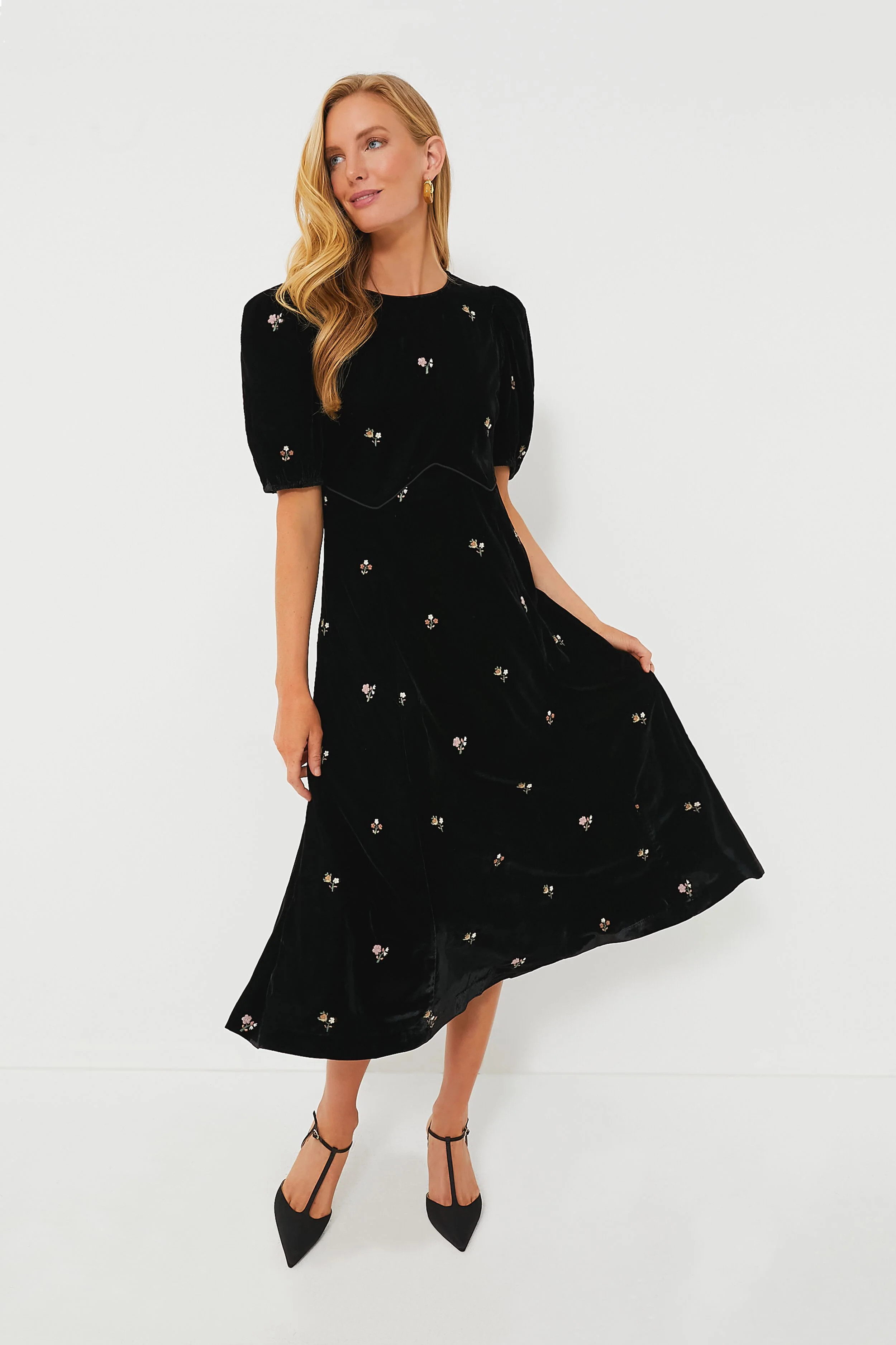 Black Rubina Embroidery Puff Sleeve Midi Dress | Tuckernuck (US)