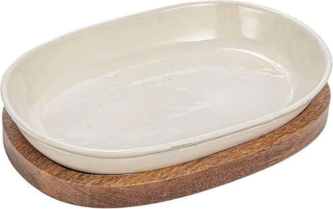 Creative Co-Op Stoneware Serving Dish with Mango Wood Base, Cream and Natural | Amazon (US)