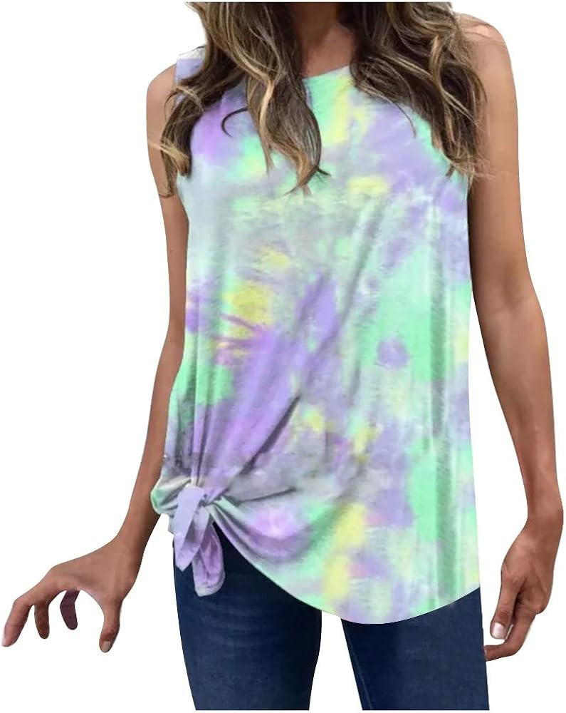 Tank Tops, Womens Summer Tie-Dye Crew Neck Sleeveless Shirts Loose Casual Twist Knot Blouse Tunic... | Amazon (US)