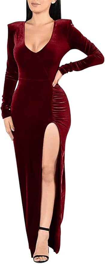 ZileZile Women's Sexy Bodycon Long Sleeve Deep V Neck High Slit Cocktail Party Maxi Dresses | Amazon (US)