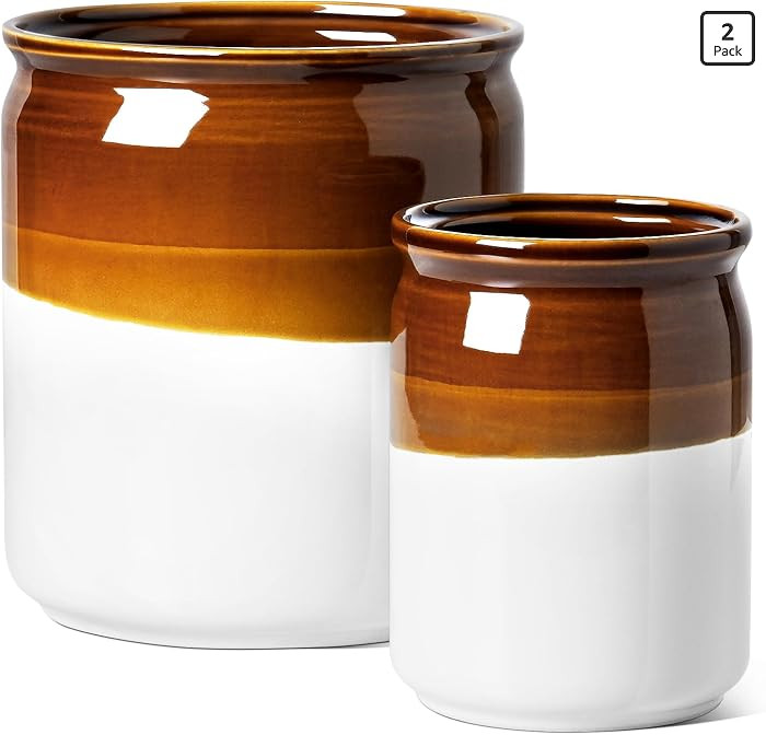 LE TAUCI Kitchen Utensil Holder, 7.2“&5.4” Ceramic Utensil Crock for Countertop, Rustic Modern Farmhouse Decor, Large Heavy Spatula Organizer, Vintage Two-Tone Glossy Glaze, Set of 2, Brown & White | Amazon (US)
