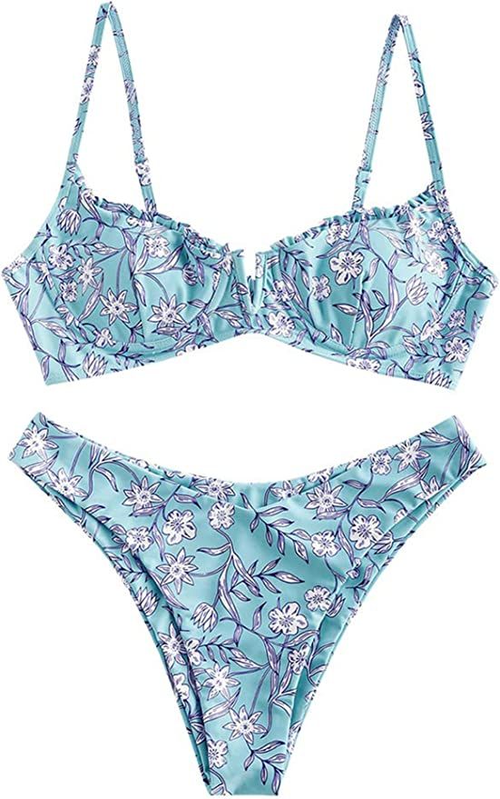 ZAFUL Women's Underwire Bikini Floral High Leg Bikini Set V-Wired Two Piece Swimsuit Bathing Suit | Amazon (US)