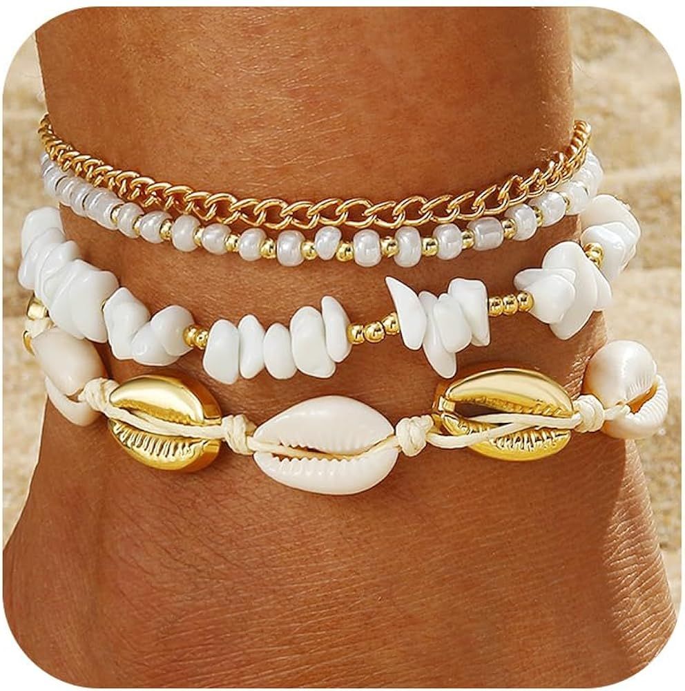 Shell Ankle Bracelet Set for Women, 14K Gold Boho Bead Adjustable Anklet, Hawaiian Beach Seashell... | Amazon (US)