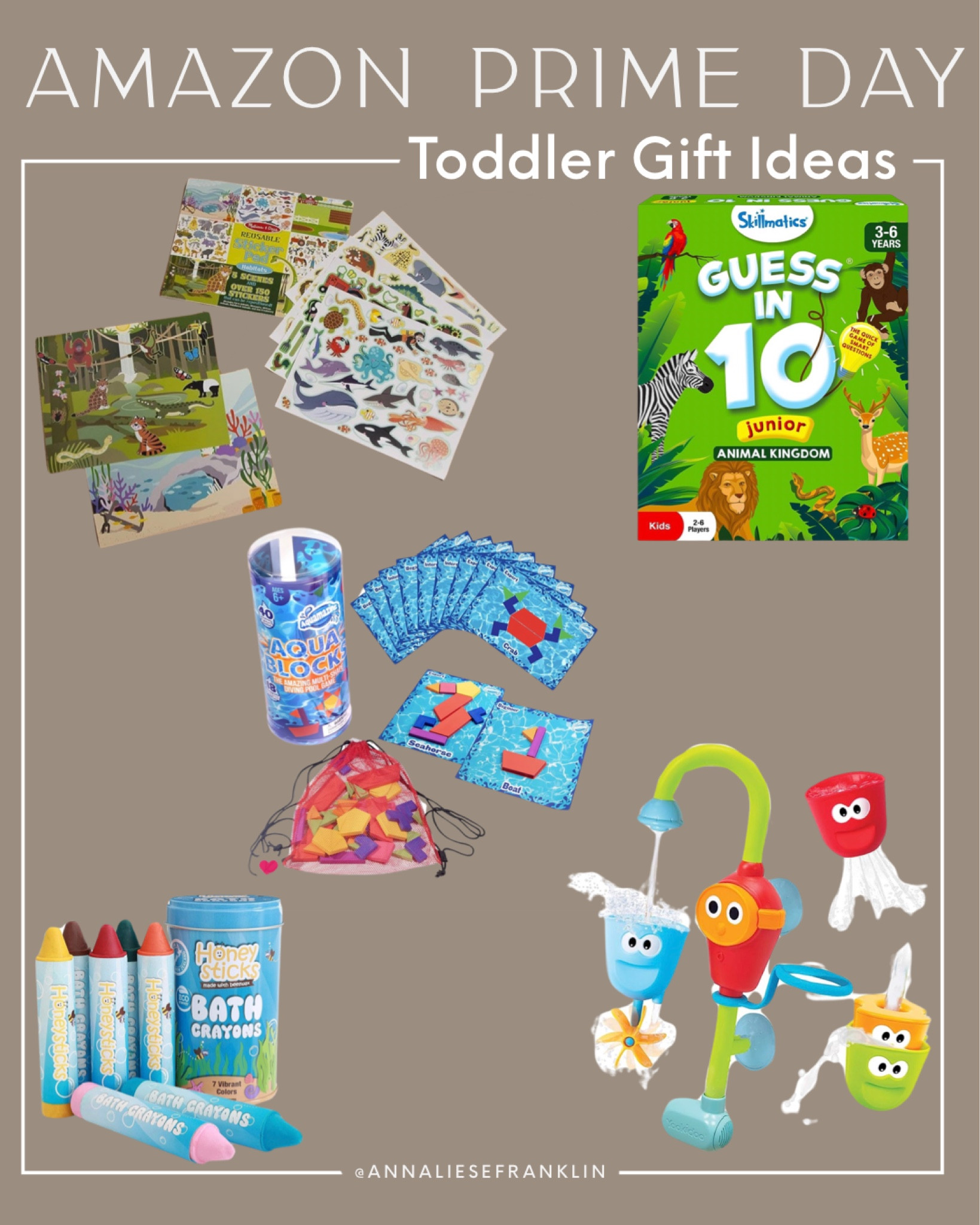 Toddler gift ideas • educational toys • Amazon find • Amazon prime day finds • bath toys • bath crayons • pool toy • matching game • reusable sticker books • screen free games • 

#LTKGiftGuide #LTKkids #LTKxPrime