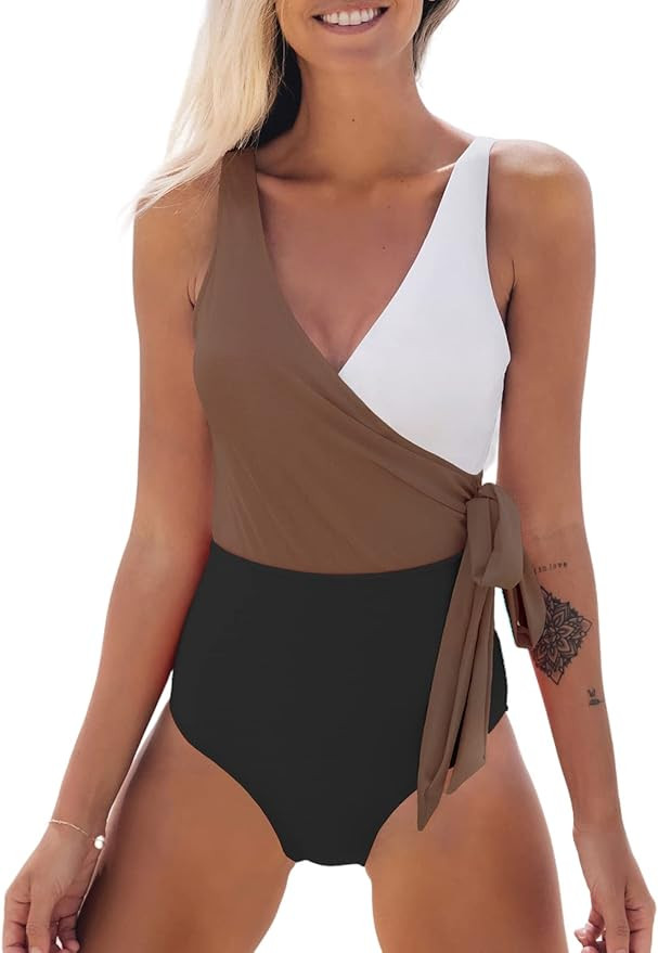 CUPSHE Women's One Piece Swimsuit Wrap Color Block Tie Side Bathing Suit | Amazon (US)