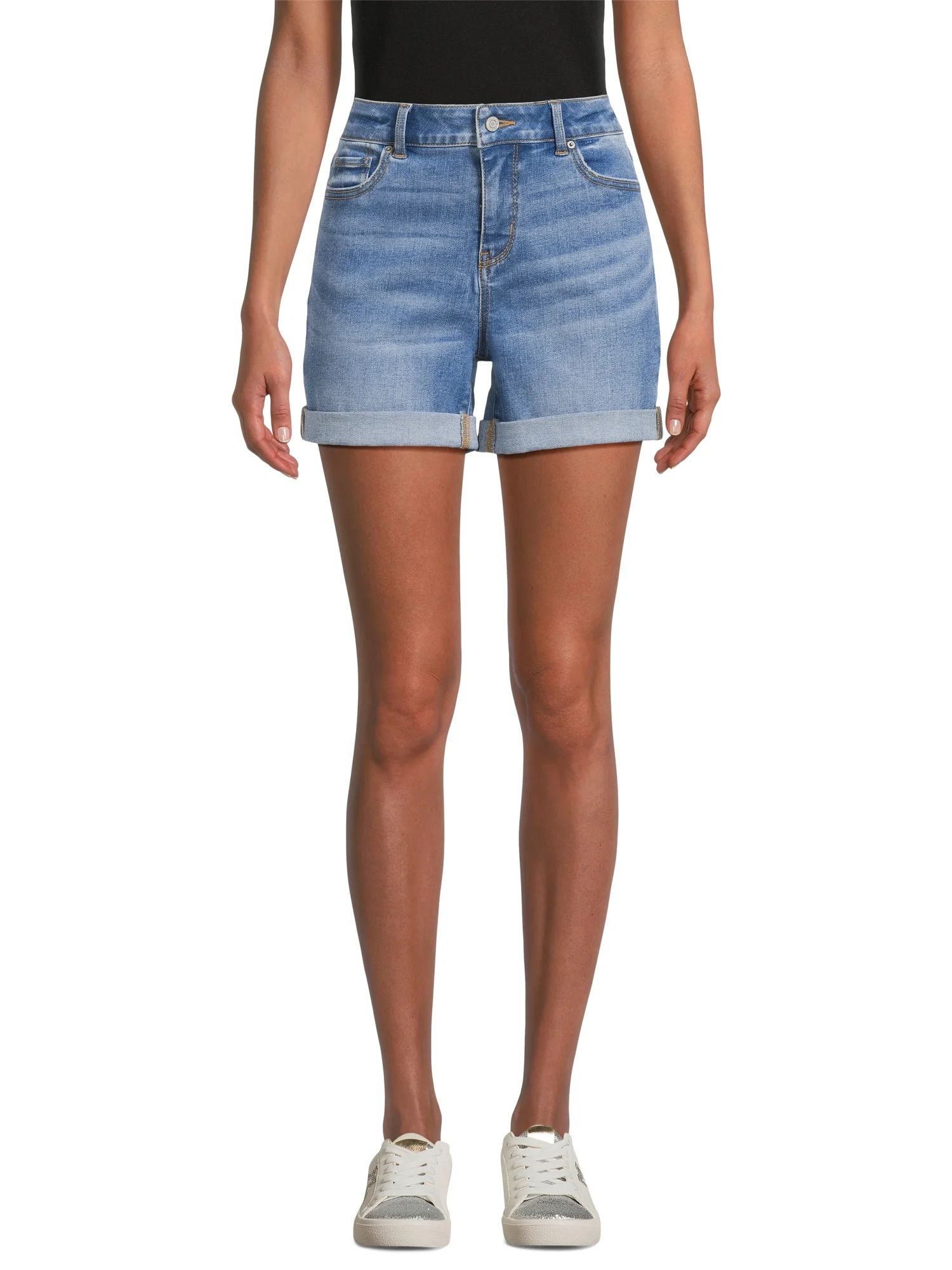 Time and Tru Women's Mid-Rise Double Roll Denim Shorts, 4" Inseam, Sizes 2-20 | Walmart (US)