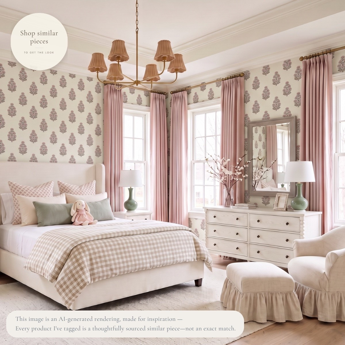 Pink, but in the softest way. 🤍

Blush block-print wallpaper, gingham bedding, dusty pink drapery, and little touches of sage give this girls’ bedroom plenty of color and pattern without making it feel busy. I especially love the ruffled chair and ottoman paired with the cleaner upholstered bed—it keeps all the sweeter details feeling balanced.

And that scalloped chandelier might be my favorite part.

Shop thoughtfully sourced similar pieces to get the look at home.

AI-generated design concept for inspiration • Tagged products are thoughtfully sourced similar pieces, not exact matches • Affiliate links may be used. As an Amazon Associate, I earn from qualifying purchases.

#LTKHome #LTKKids