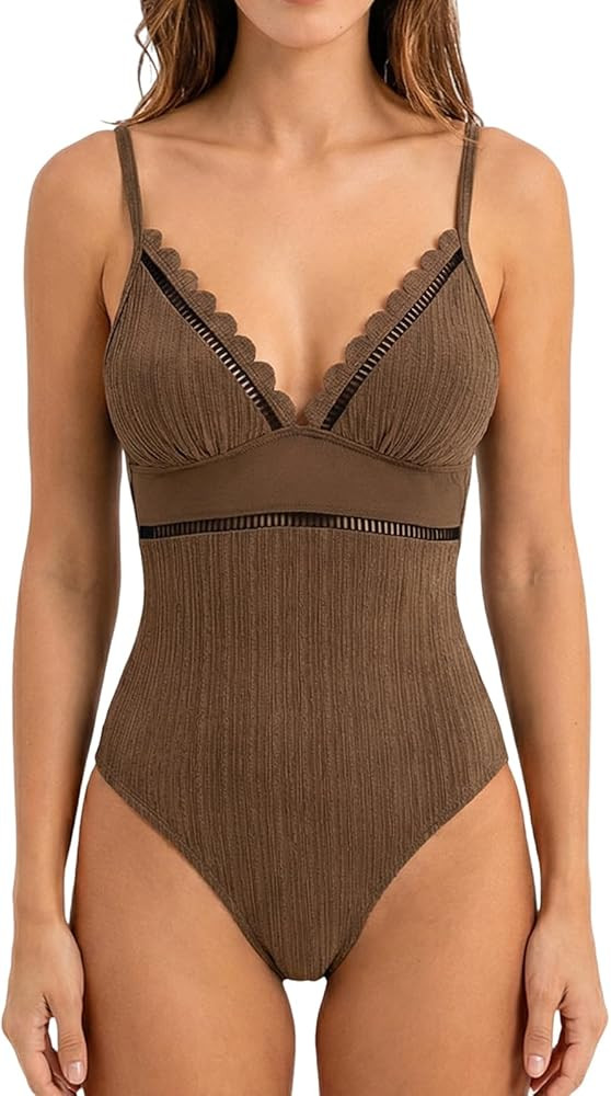 CUPSHE Women's One Piece Swimsuit Scalloped V Neck Bathing Suit Mesh Cutout Adjustable Straps Spa... | Amazon (US)