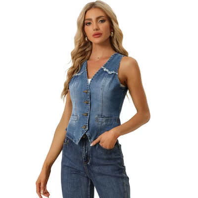 INSPIRE CHIC Women's Denim Sleeveless Collarless Washed Distressed Jean Vest | Target