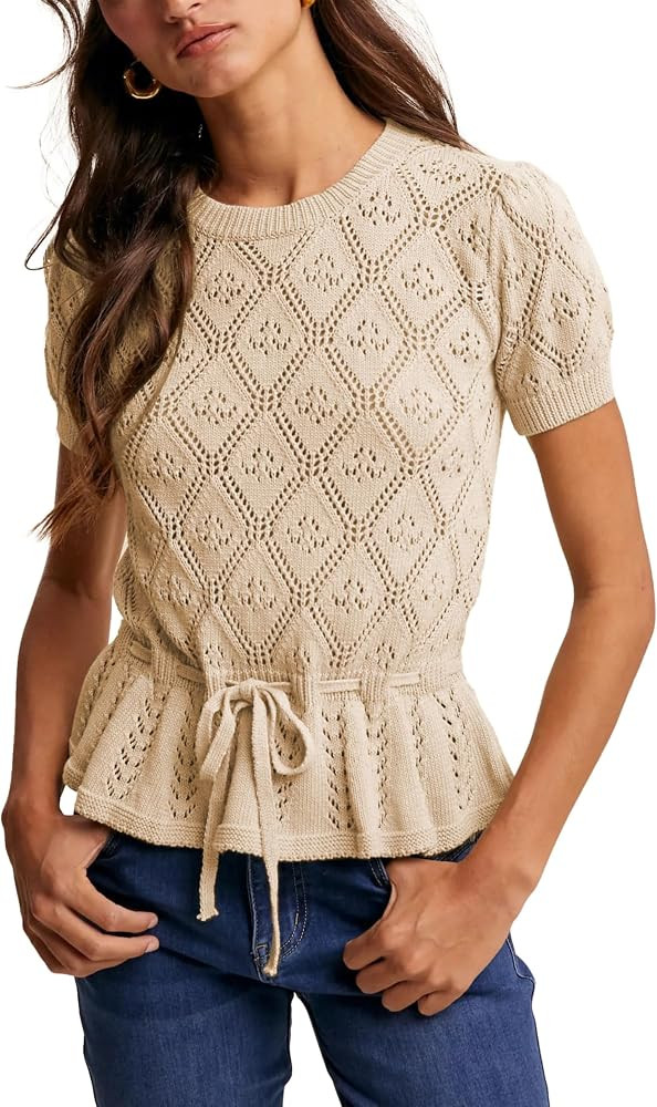 Bianstore Womens Casual Short Sleeve Crochet Knit Sweater Lightweight Hollow Out Tie Front Peplum... | Amazon (US)