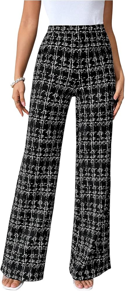 RoseSeek Women's Plus Size Plaid Print Tweed Pants High Waisted Straight Leg Elegant Long Trouser... | Amazon (US)