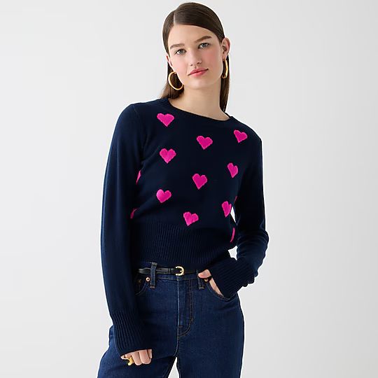 Cropped cashmere crewneck sweater in heart print | J.Crew US