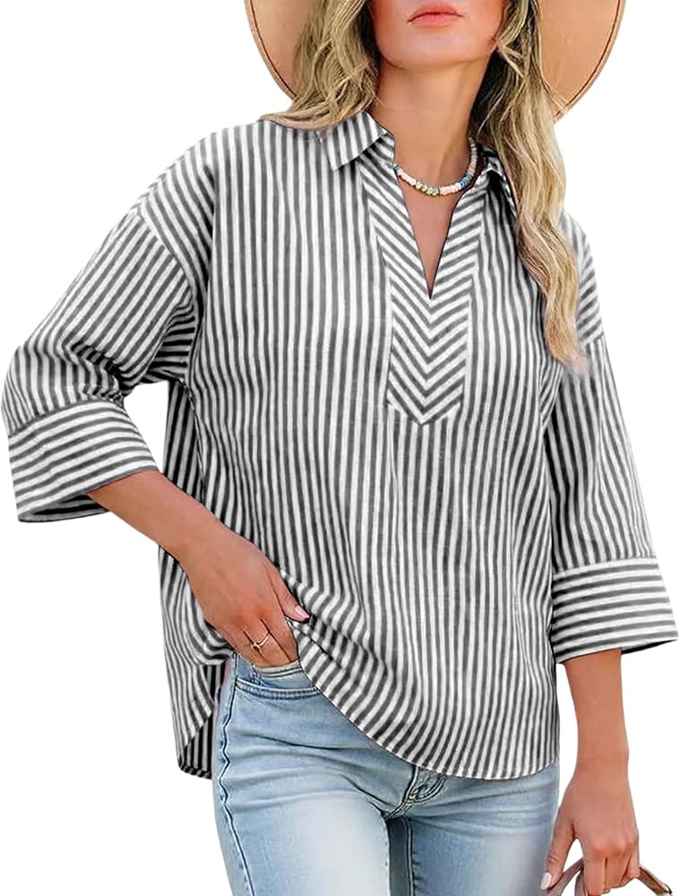 Watashi Women Striped Print Dressy Shirts Casual Oversize Henley Shirt 3/4 Sleeve Collared Office... | Amazon (US)
