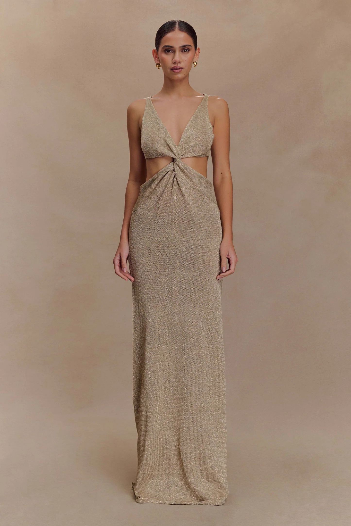 Gracelyn Twisted Metallic Knit Maxi Dress - Gold | MESHKI US