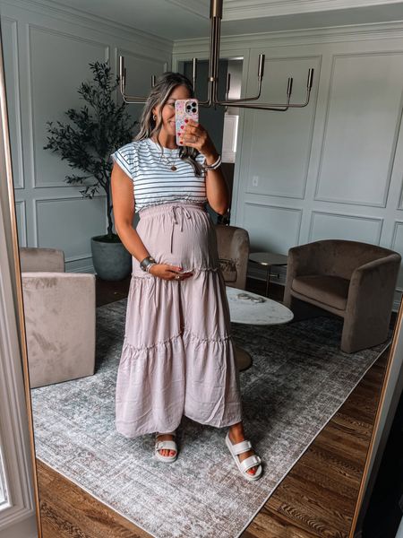 Summer outfit idea bumpfriendly Amazon maxi skirt and my favorite $10 tee! 

Sized up to a medium in both at 31 weeks pregnant 

#maternity #bumpstyle 



#LTKStyleTip #LTKBump #LTKFindsUnder50