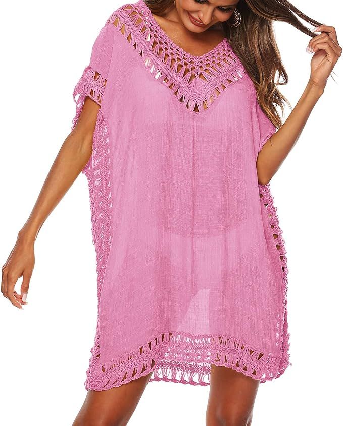 SIAEAMRG Swimsuit Cover Ups for Women, V Neck Hollow Out Swim Coverup Crochet Chiffon Summer Beac... | Amazon (US)