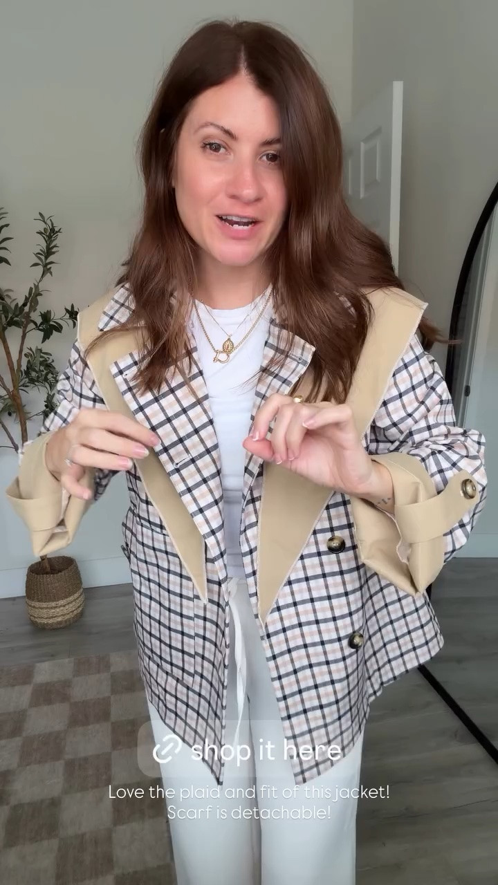 Love the plaid and fit of this jacket! Scarf is detachable!